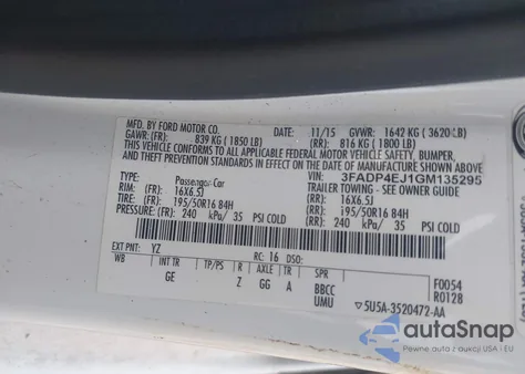 2016 Ford Fiesta Se from USA, damaged, VIN 3FADP4EJ1GM135295